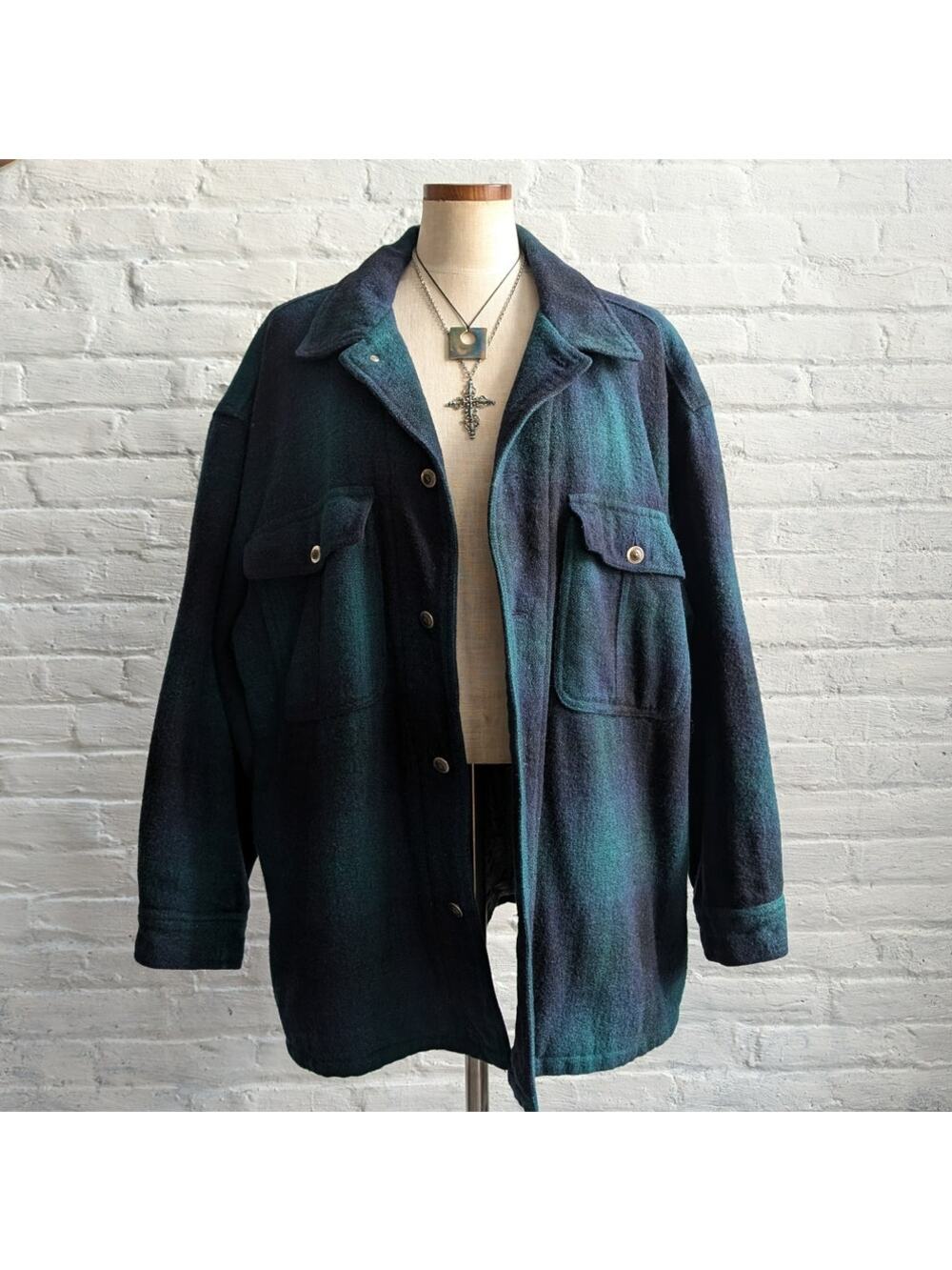 90s Vintage Green Plaid Wool Coat Utility Chore Jacket Oversize Flannel Large